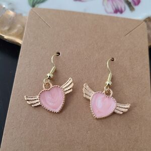 New Hand Crafted Cute Pink Winged Heart Earrings 14K Gold Plated Hooks